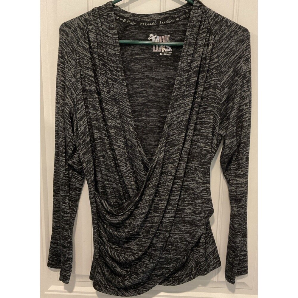 EUC MUK LUKS Hacci Surplice Long-Sleeve Pullover Heathered Black Top Size M